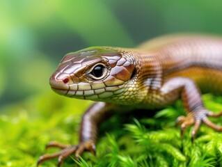 Naklejka premium Close-up image of a lizard on green moss. The detailed shot highlights its textured skin and bright eyes, set against a blurred natural background.