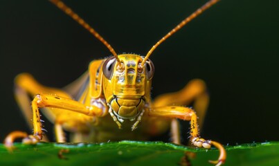 Fototapeta premium Close-up macro photo of a vibrant yellow grasshopper on a green leaf with a dark background, showcasing its antennae and intricate details.