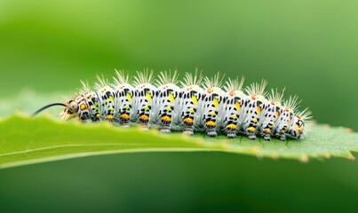 Close-up of a colorful caterpillar with detailed patterns on a green leaf in a lush, blurred background.