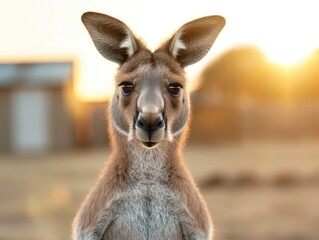 Obraz premium Close-up of a kangaroo standing in the golden sunlight at dawn, with a gentle and peaceful expression against a blurred background.