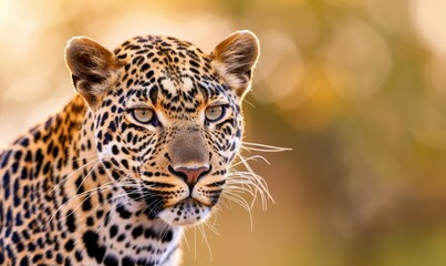 Obraz premium Close-up of a majestic leopard in the wild, with a blurred, golden background, capturing the beauty and intensity of this magnificent predator.