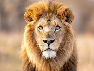 Fototapeta premium Close-up of a majestic lion with a mane, showcasing the beauty and power of wildlife in their natural habitat.
