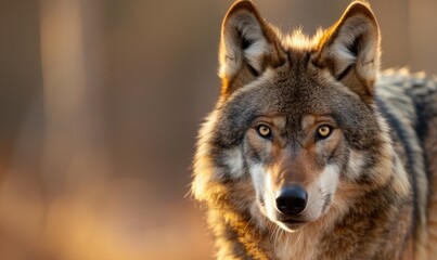 Obraz premium Close-up of a majestic wolf in its natural habitat, showcasing its piercing eyes and fur detail with a blurred forest background.