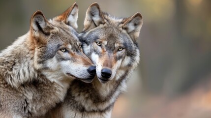 Fototapeta premium Close-up of two wolves in a natural habitat, showcasing their intense gaze and thick fur against a blurred background of woods.
