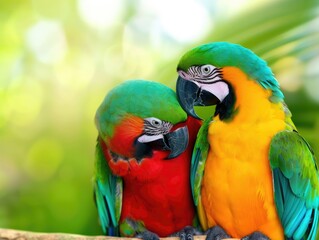 Colorful parrots cuddling on a branch against a vibrant green and yellow background, portraying love and companionship in the wild.