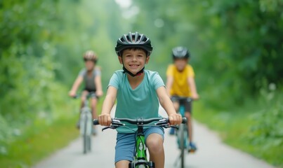 Naklejka premium Happy children riding bicycles on a scenic forest trail, enjoying outdoor activities and exercise on a sunny day.