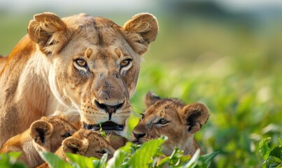 Obraz premium Lioness with her cubs in the African savannah, showcasing the beauty and strength of wildlife in their natural habitat.