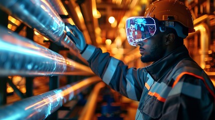 Caucasian male engineer using advanced virtual reality headset in industrial setting, Concepts of technology, innovation, industrial training