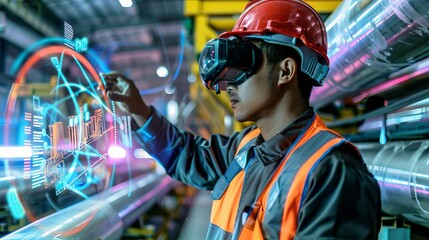 Caucasian male engineer using advanced virtual reality headset in industrial setting, Concepts of technology, innovation, industrial training
