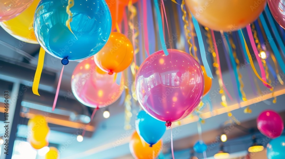 Poster vibrant balloons and streamers hang from the ceiling creating a lively and whimsical atmosphere for 