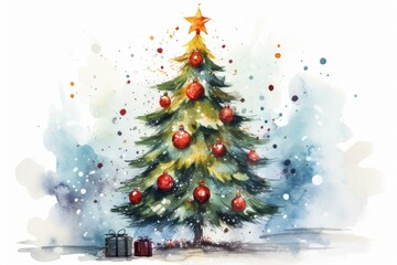 Artistic watercolor illustration of a decorated christmas tree with gifts, ideal for holiday themes