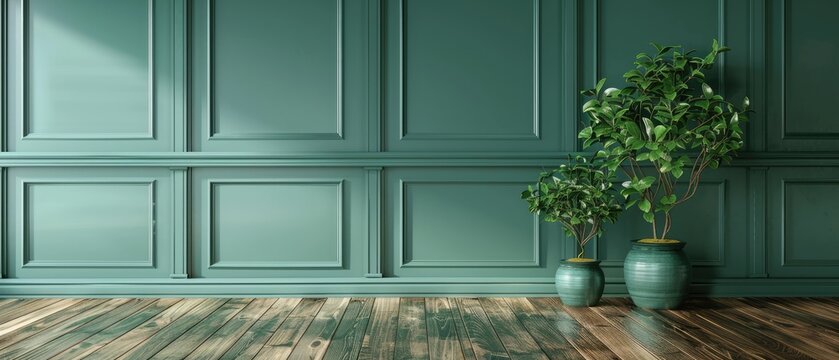 elegant green interior design with classic touch featuring blank wall wooden floor and two ornamental plants in 3d rendering