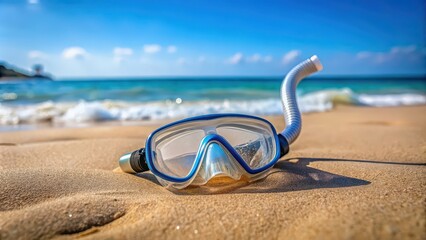 Snorkel and mask laying on sandy beach with blurred background, snorkeling, mask, equipment, summer, vacation, beach