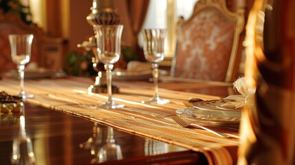 An inviting dining room with warm peach and gold stripes accented by luxurious velvet ds and a carved wooden dining table.