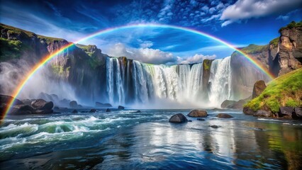 Obraz premium Rainbow arching over a majestic waterfall, Rainbow, waterfall, majestic, nature, landscape, colorful, scenic, beauty, scenery