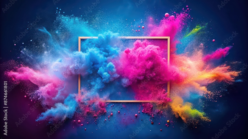 Wall mural Pink neon powder explosion with glowing frame on blue background, colorful cloud with colorful dust explode, paint Holi