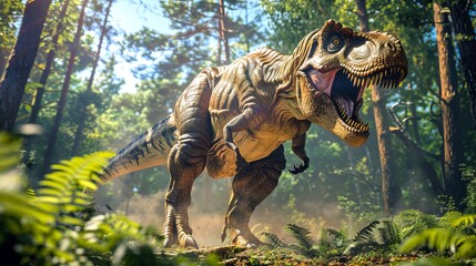 Obraz premium Realistic Tyrannosaurus Rex in Natural Forest Environment. Concept of prehistoric animals, dinosaur in wild habitat, Cretaceous period, dinosaur