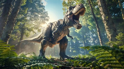 Realistic Tyrannosaurus Rex in Natural Forest Environment. Concept of prehistoric animals, dinosaur...