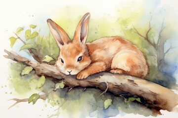 Artistic watercolor illustration of a serene rabbit lounging on a tree branch