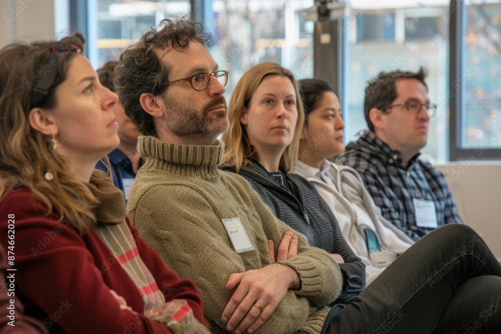 Aufkleber in the workplace, a varied group meets with ai interfaces and avatars displayed on screens for a bus