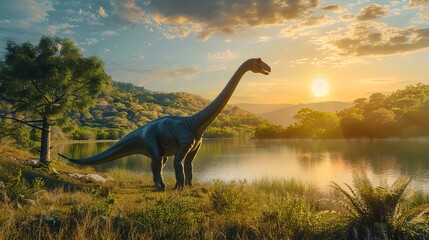 Brachiosaurus dinosaur at lakeside during sunset. Concept of prehistoric life, extinct animals, nature landscape