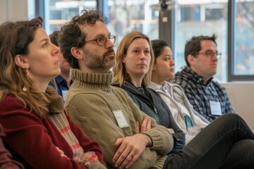 In the workplace, a varied group meets with AI interfaces and avatars displayed on screens for a business discussion AIG62