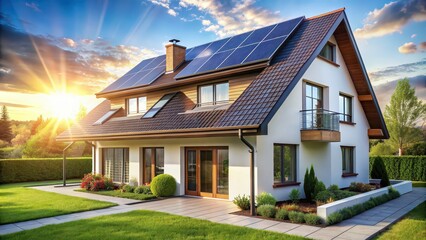 Modern house with a multitude of solar panels on the roof