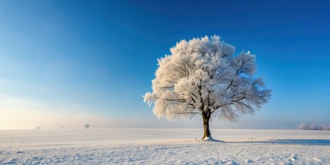 Single frost-covered tree standing alone in a snowy field , winter, cold, nature, white, frost, isolated, peaceful