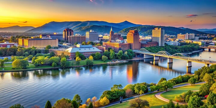 Scenic view of downtown Chattanooga with the Tennessee River and mountains in the background , Chattanooga
