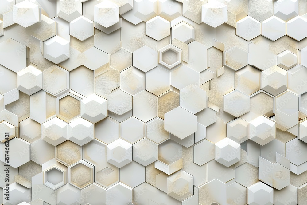 Poster a 3d rendering of an abstract geometric pattern made from hexagons in various shades of beige and wh