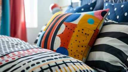 Cheerful Chic The mix of playful stripes polka dots and geometric patterns in this bedroom gives it a chic and trendy edge while still maintaining its playful spirit.