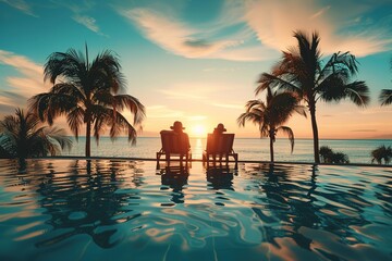 Plakat A photo of two people relaxing on deck chairs by the pool at sunset