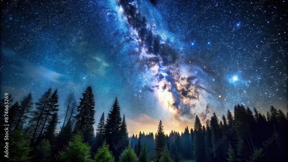 Poster Night sky with stars shining above a quiet forest , stars, trees, night, sky, nature, peaceful, tranquil, dark, astronomy