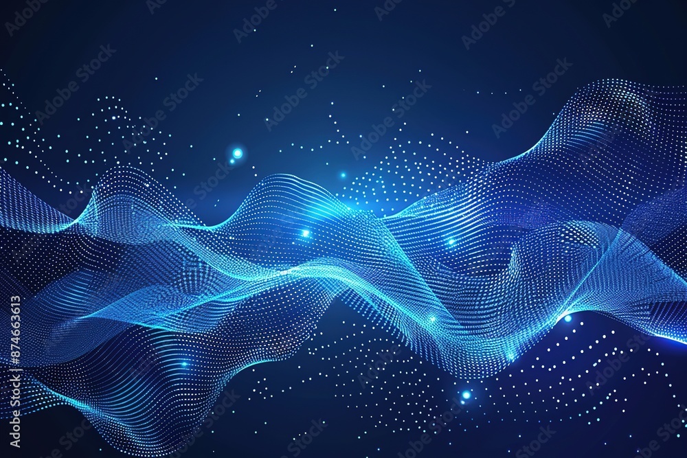 Poster abstract background with blue waves and dots on a dark gradient, a digital sound or music wave form 