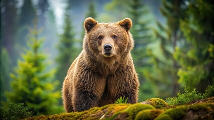 Obraz premium Majestic brown bear in natural habitat, wildlife, predator, forest, grizzly, nature, animal, wilderness, mammal, fur