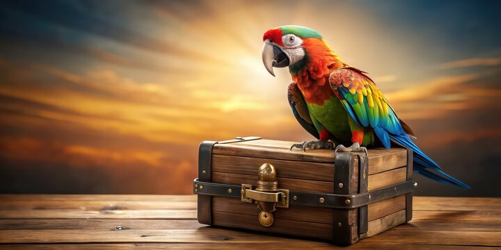 Pirate parrot perched on a treasure chest, pirate, parrot, treasure chest, bird, pirate ship, colorful, feathers, shiny, gold