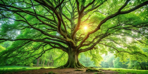 Mighty tree with lush green leaves in a vibrant forest setting, Nature, foliage, environment, growth, outdoors