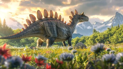 Vibrant illustration of a Stegosaurus in a prehistoric landscape. Concept of dinosaurs, ancient wildlife, nature, educational content, dinosaur