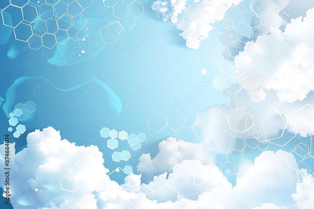 Poster abstract light blue background with hexagons and white clouds vector presentation concept