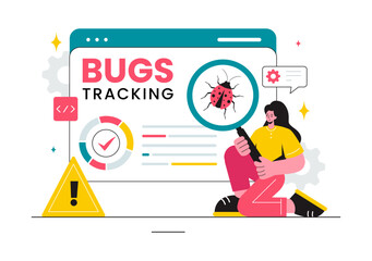 Vector Illustration of a Bug Tracking Tool with Mobile Phone Protection from Computer Viruses in a Website Security Flat Cartoon Background