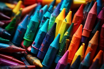 Close-up of multicolored broken crayons, highlighting creativity and diversity