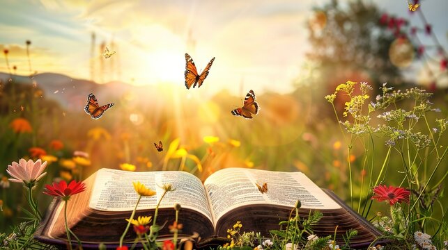 Open Bible with Sunset Background: Yellow and Red Gardens, Flowers, and Butterflies