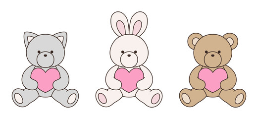 Fototapeta premium かわいいくまとうさぎとねこのぬいぐるみのベクターイラスト アイコン セット ハート 動物