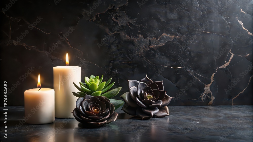 Sticker Minimalistic composition with glowing candles, a black rose, and succulent on a dark marbled background