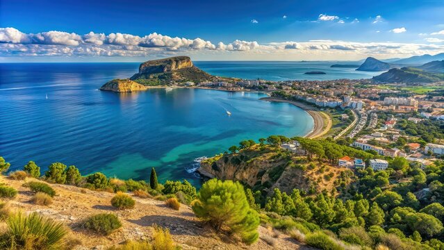 Panoramic view of Javea, Spain from the Falzia with Portitxox island in the distance , Javea, Spain