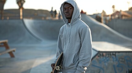 A young man wearing a gray hoodie is holding a skateboard