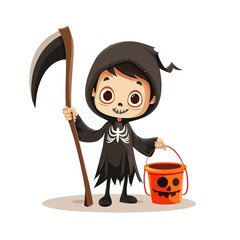 Obraz premium A cute cartoon illustration of a boy in a grim reaper costume holding a scythe an orange bucket, wearing a skull face mask for a Halloween party