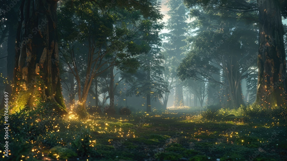 Poster enjoy a breathtaking view of a magical forest with tall trees and early light seeping through the br