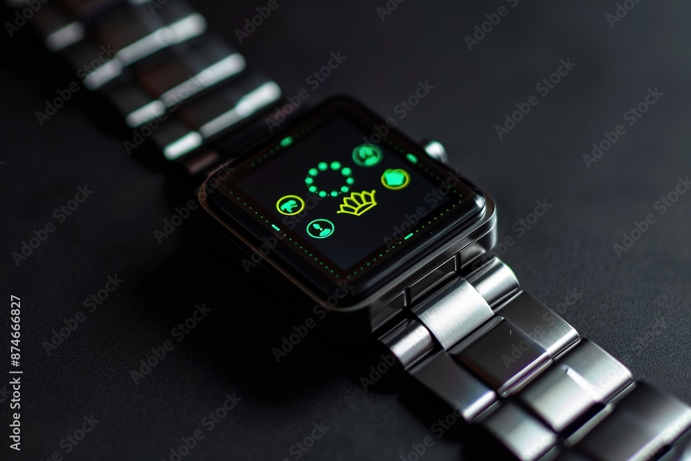 Poster a sleek smartwatch with an app that , displaying icons for time and coin balance in green color