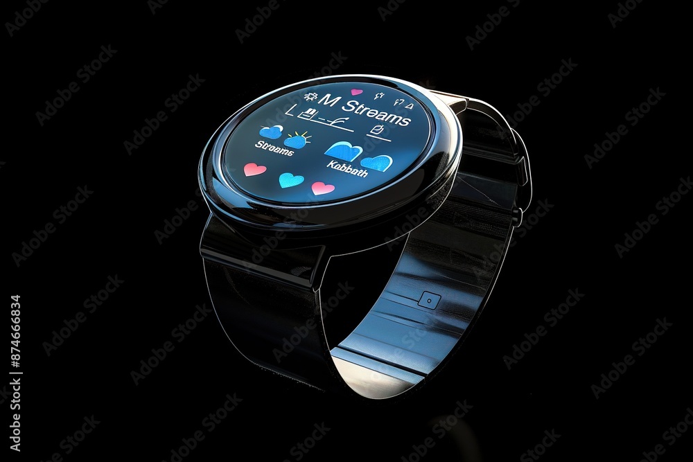 Poster sleek smartwatch with an interactive display showing the time, weather data and heart rate on its di